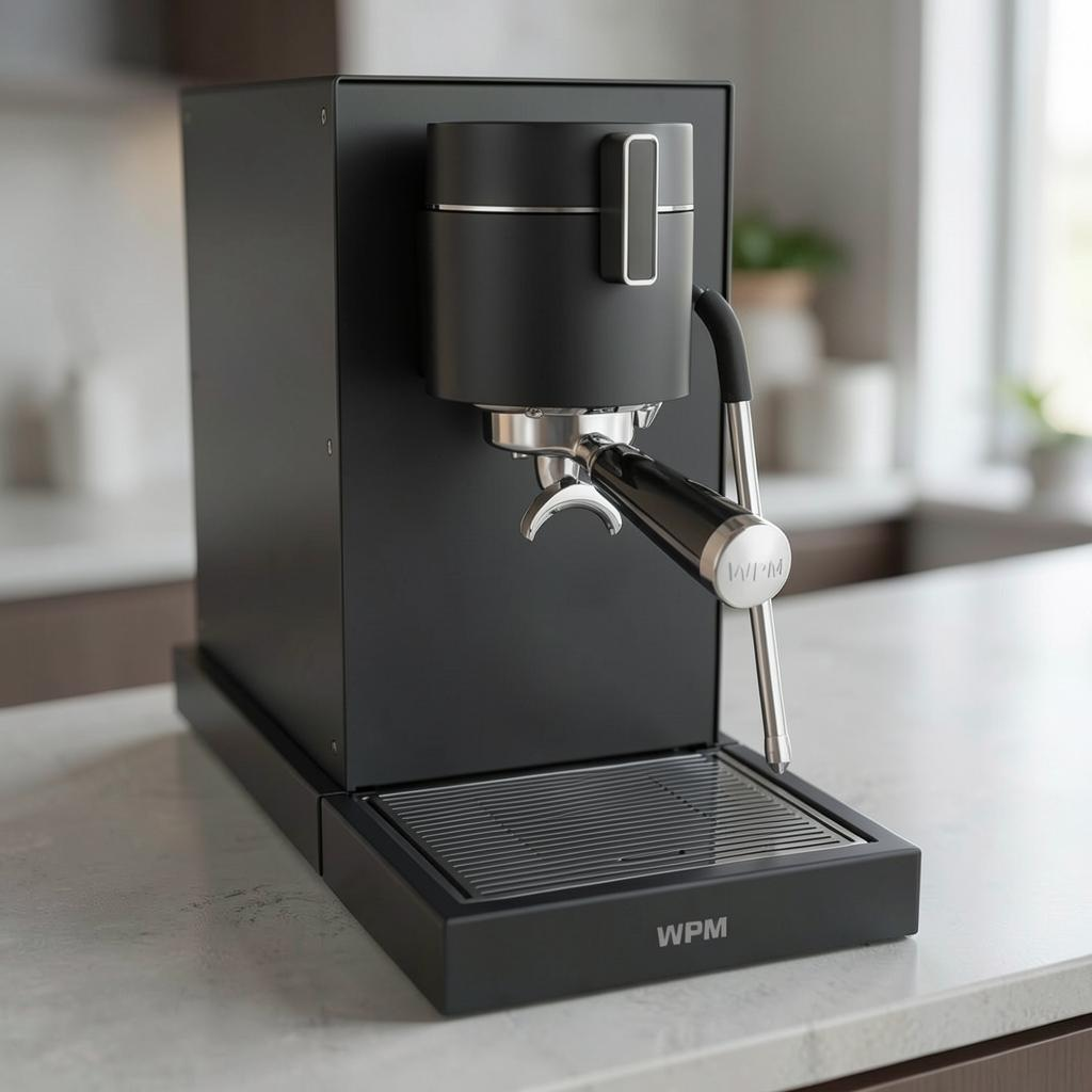 My Store WPM Primus matte black professional espresso machine with 58mm portafilter and steam wand on kitchen counter