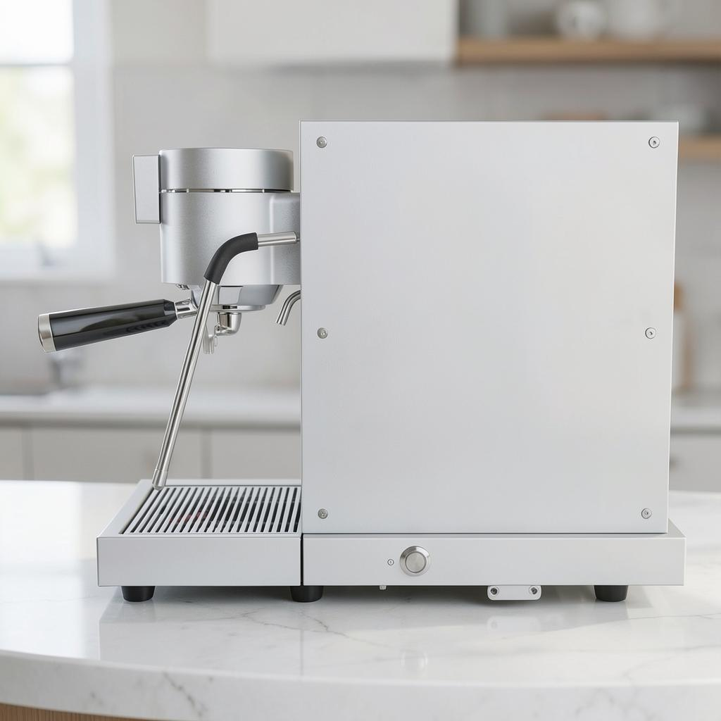 My Store WPM Primus coffee machine in silver with a 58mm portafilter, side view on a kitchen countertop.