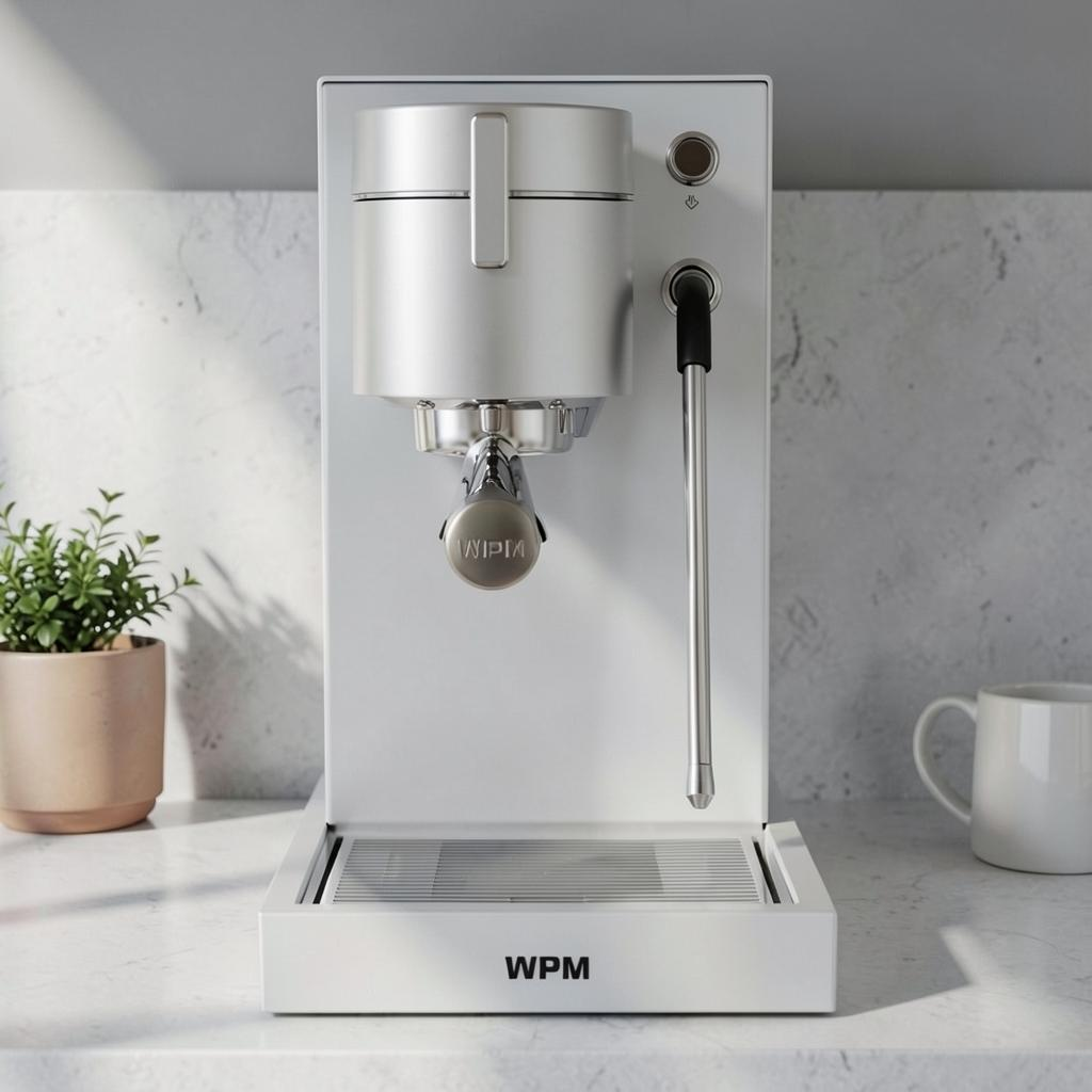 My Store WPM Primus white professional espresso machine with gear pump and 58mm group head on a marble countertop.