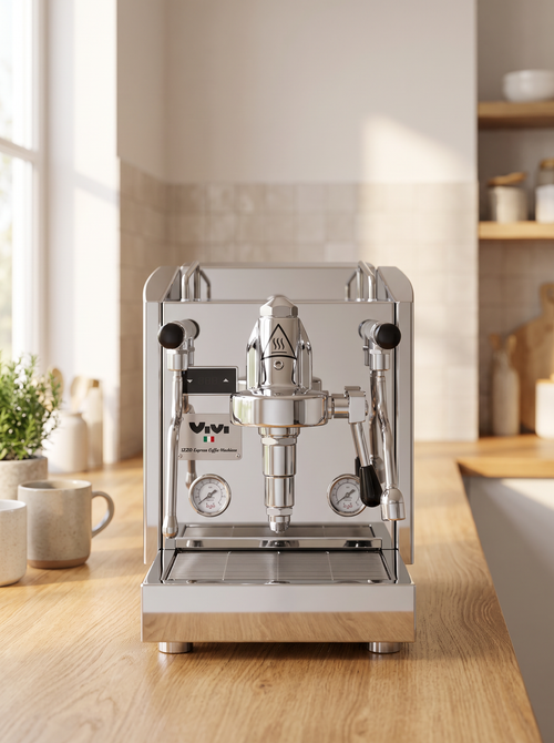 Izzo Vivi Dual Boiler Duetto PID Coffee Machine on a wooden kitchen worktop