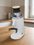 Turin DF54 Single Dose Grinder on a wooden kitchen worktop