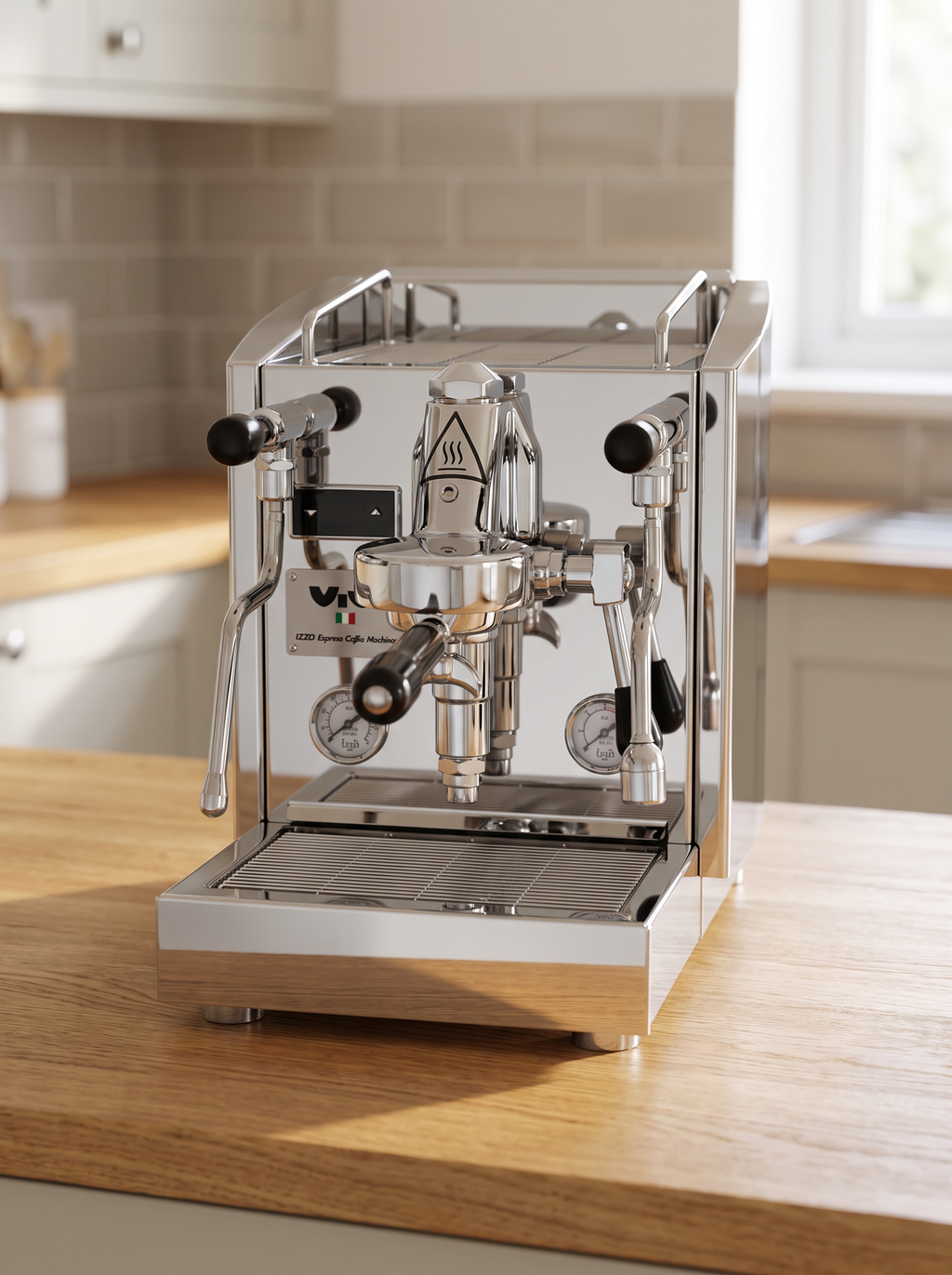 Izzo Vivi PID Coffee Machine on a wooden kitchen worktop